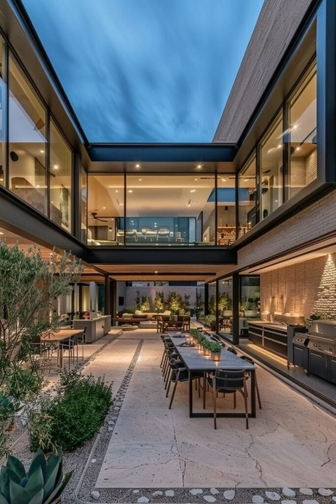 courtyard style duplex Modern courtyard-style duplex with large glass walls, open-air dining area, and lush landscaping