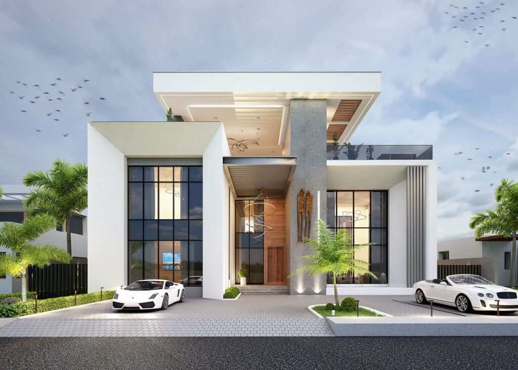 duplex with penthouse extension Modern luxury duplex with large glass windows, a central entrance, and two white sports cars parked in front, located in Lagos.