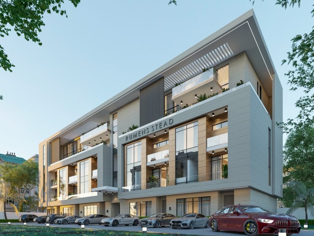 multi unit duplex Modern multi-unit residential building with large glass balconies, sleek facade